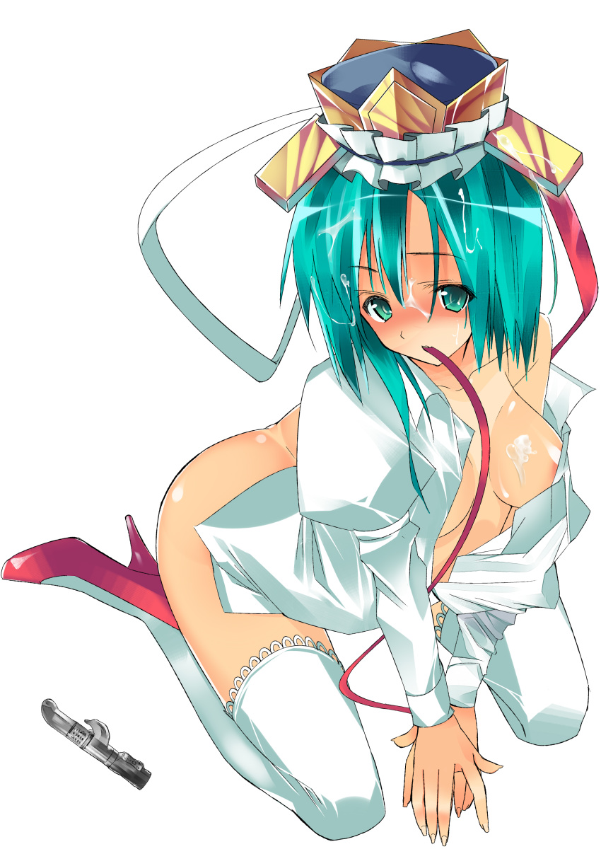 1girls auauun bottomless breasts cum cum_on_body cum_on_upper_body dildo eiki_shiki facial female green_eyes green_hair hat high_heels high_resolution large_breasts mouth_hold no_panties open_clothes open_shirt ribbon shirt shoes short_hair solo thighhighs touhou white_legwear white_shirt white_thighhighs