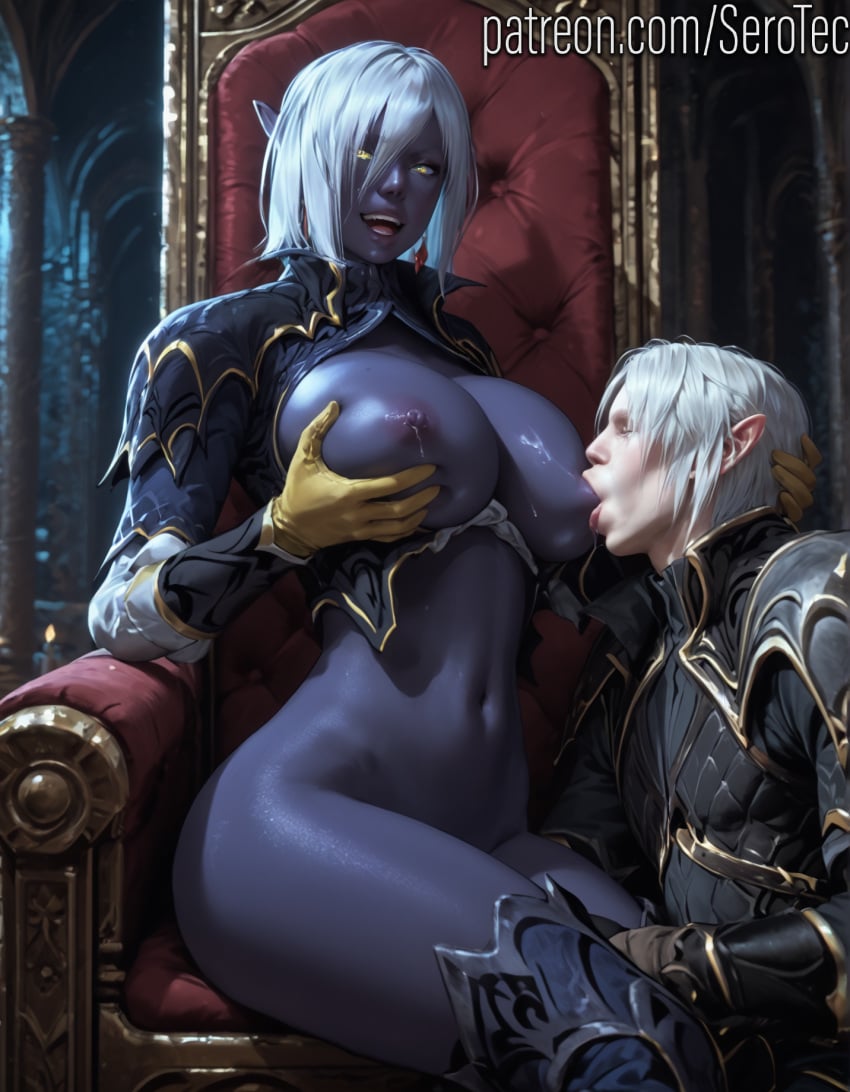 1female 1girls 1male 2d ai_generated athletic athletic_female big_breasts blue_skin breast_sucking dark-skinned_female dark_elf dark_skin detailed_female drow fallen_throne female fit fit_female girl gloves golden_eyes hi_res high_resolution highres huge_breasts large_breasts male/female manaworld midriff nipple_licking nipples nualia pony_diffusion_xltasy queen_nualia serotec short_hair smile straight sucking_breast sucking_nipples thick_female thick_legs white_hair yellow_eyes