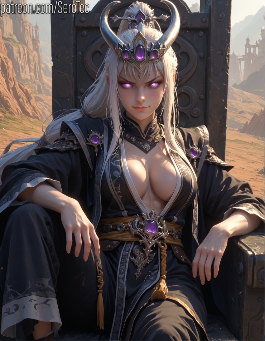 1female 1girls 2d ai_generated big_breasts cleavage detailed_female diadem female girl hi_res high_resolution highres huge_breasts large_breasts leg_up long_hair miao_ying pony_diffusion_xltasy purple_eyes serotec sitting sitting_on_chair sitting_on_throne total_war:_warhammer warhammer_(franchise) warhammer_fantasy white_hair