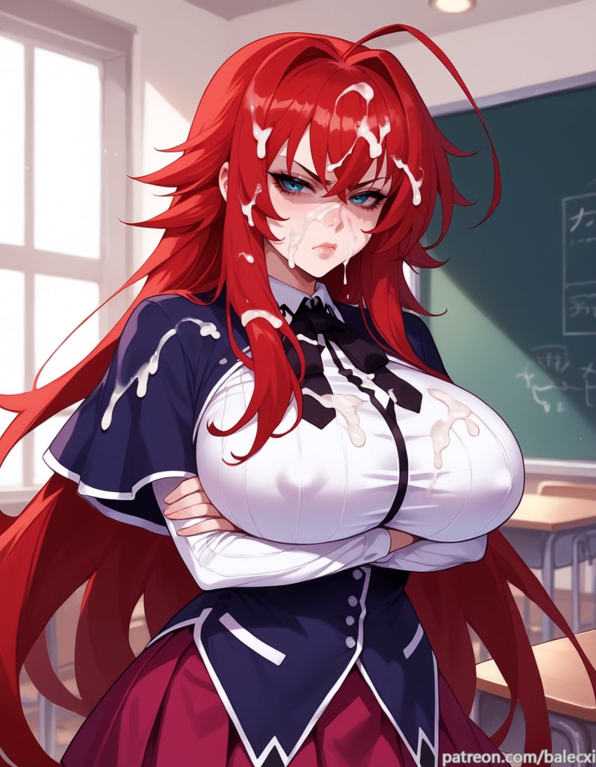 ai_generated arms_under_breasts artist_name balecxi black_capelet black_ribbon blue_eyes chalkboard classroom closed_mouth covered_nipples crossed_arms cum_on_body cum_on_clothes cum_on_hair facial female glaring hair_between_eyes huge_ahoge indoors large_breasts long_hair long_sleeves looking_at_viewer neck_ribbon patreon_username red_hair red_skirt rias_gremory school_desk school_uniform solo web_address white_shirt window