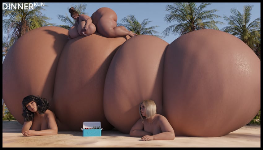 3_girls 3d ass ass_bigger_than_body ass_bigger_than_head bare_arms bare_ass bare_back bare_legs bare_shoulders bare_thighs barefoot bbw beach big_ass bikini black_hair blonde_female blonde_hair bottom_heavy colossal_ass curly_hair dinner-kun dumptruck_ass enormous_ass giant_ass giantess gigantic_ass hi_res highres huge_ass hyper_ass large_ass lucy_(dinner-kun) massive_ass medium_hair mini_giantess naked naked_female nude nude_female palm_tree seaside selina_petoit short_hair size_difference standing thick thick_ass thick_thighs watermark