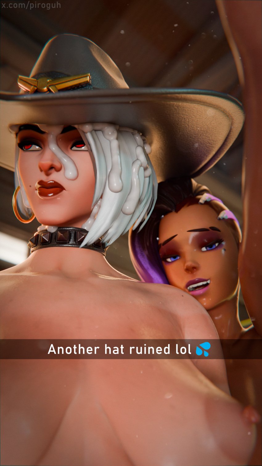 1futa 1girls 3d 3d_(artwork) alternate_costume ashe_(overwatch) big_breasts blender brown_hair cowboy_hat cowgirl cum dark-skinned_female dark_skin dickgirl dickgirl/female female futa_focus futa_with_female futanari hat large_breasts large_penis larger_futanari latina light-skinned_futanari light_skin meme no_penetration nude overwatch overwatch_2 pale-skinned_female pale_skin penis piroguh pubic_hair short_hair size_difference smaller_female snapchat sombra tagme text