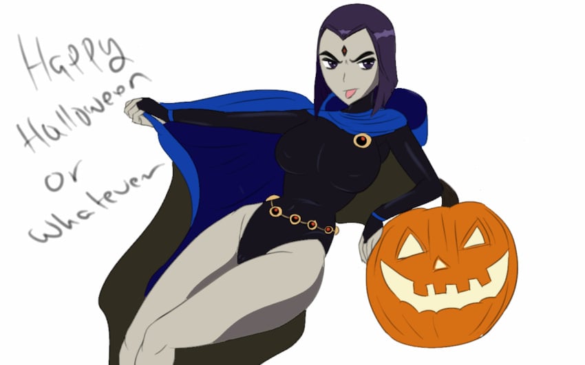 1girls big_ass dc_comics english_text female female_only forehead_jewel grey_skin halloween hips hoodie jack-o'-lantern leotard mound_of_venus nipples_visible_through_clothing pale-skinned_female purple_eyes purple_hair raven_(dc) sketchintheshade solo text thighs tongue_out