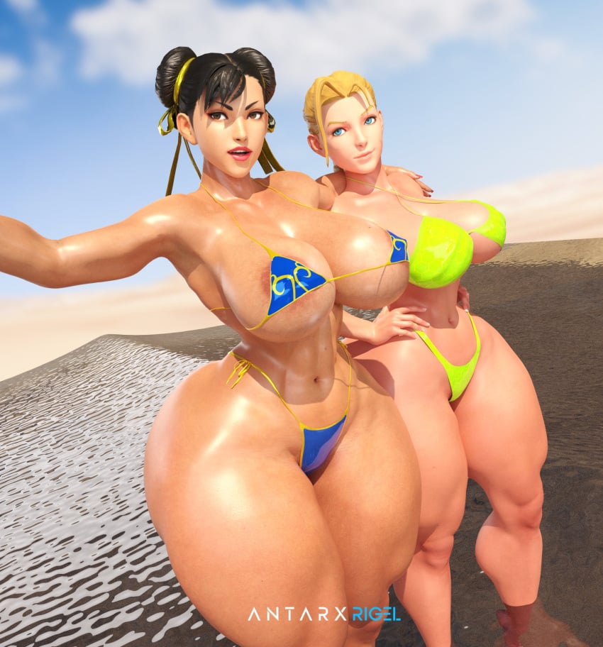 2girls antarxrigel asian_female beach big_ass big_breasts bikini bikini_top blonde_hair blue_eyes breasts brown_eyes brown_hair cammy_white caucasian_female chun-li european_female light-skinned_female looking_at_viewer mature_female milf semi_nude street_fighter street_fighter_v thick_ass thick_thighs