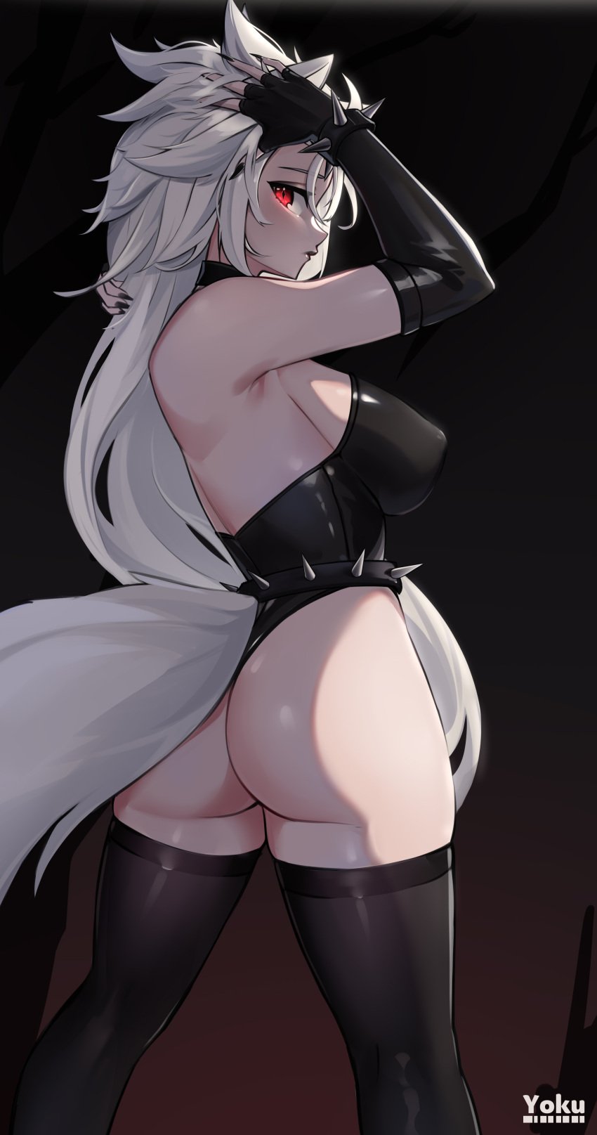 absurdres animal_ears ass belt black_belt black_gloves black_leotard black_nails black_thighhighs breasts elbow_gloves female fingerless_gloves gloves highres large_breasts leotard long_hair looking_at_viewer looking_back nail_polish red_eyes rer_goku sideboob solo spiked_belt spiked_hair strapless strapless_leotard tail thighhighs very_long_hair virtual_youtuber vshojo wolf_ears wolf_girl wolf_tail wolftreya zentreya zentreya_(werewolf)