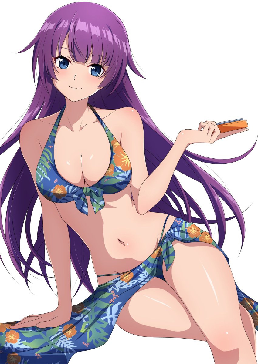 bare_arms bare_belly bare_legs bare_shoulders bare_thighs belly_button big_breasts bikini blue_eyes blush body_blush breasts cleavage closed_mouth collarbone crossed_legs floral_print front-tie_bikini_top groin long_hair monogatari_(series) nishizuki_shino purple_hair sarò sarong senjougahara_hitagi shiny_skin side-tie_bikini_bottom smile thighs