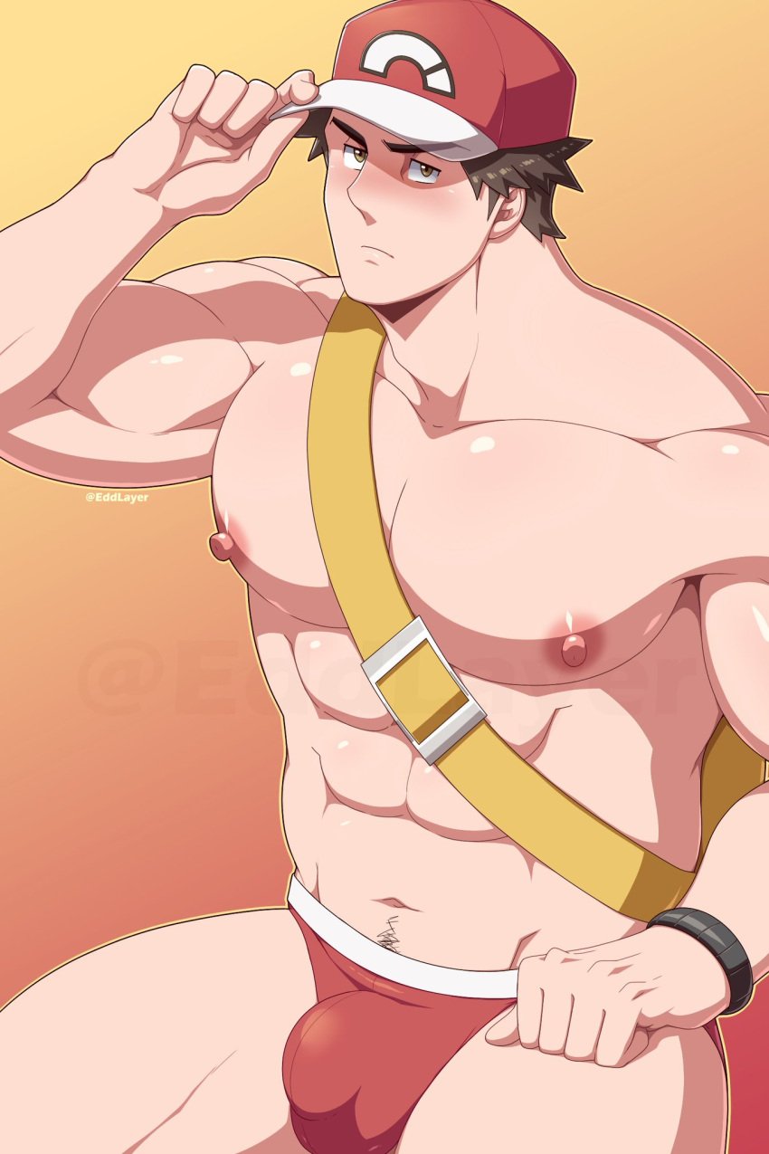 abs bara brown_hair bulge edd_layerex hair hat looking_at_viewer male male_only muscular muscular_male nipples pecs pokemon red_(pokemon) red_background solo