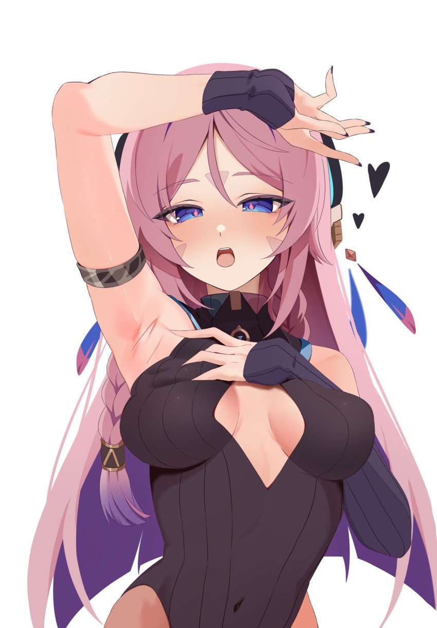 armpits arms_up bodysuit citlali_(genshin_impact) genshin_impact pink_hair tongue_out