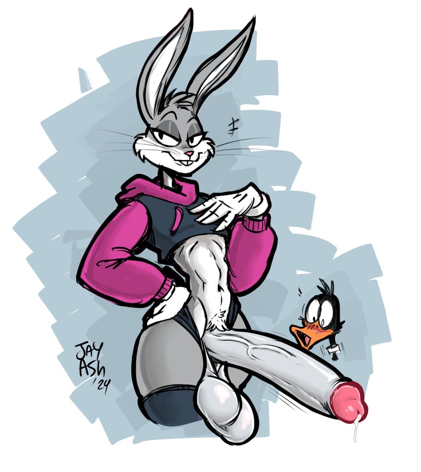 2024 absurd_res ambiguous_gender anatid anseriform anthro athletic athletic_male avian balls big_balls big_penis bird black_body black_feathers bodily_fluids buckteeth bugs_bunny cheek_tuft clothing cropped_hoodie daffy_duck dripping duck duo erection facial_tuft feathers femboy fur genital_fluids genitals ghastlygh glans grey_body grey_fur half-closed_eyes hi_res huge_balls huge_cock humanoid_genitalia humanoid_penis lagomorph legwear leporid looney_tunes male male_focus mammal meme meme_clothing narrowed_eyes paggi_outfit panties penis precum precum_drip precum_string rabbit simple_background smile smirk smug smug_face solo_focus stockings teeth tuft underwear vein veiny_penis warner_brothers white_background white_body white_fur wide_eyed