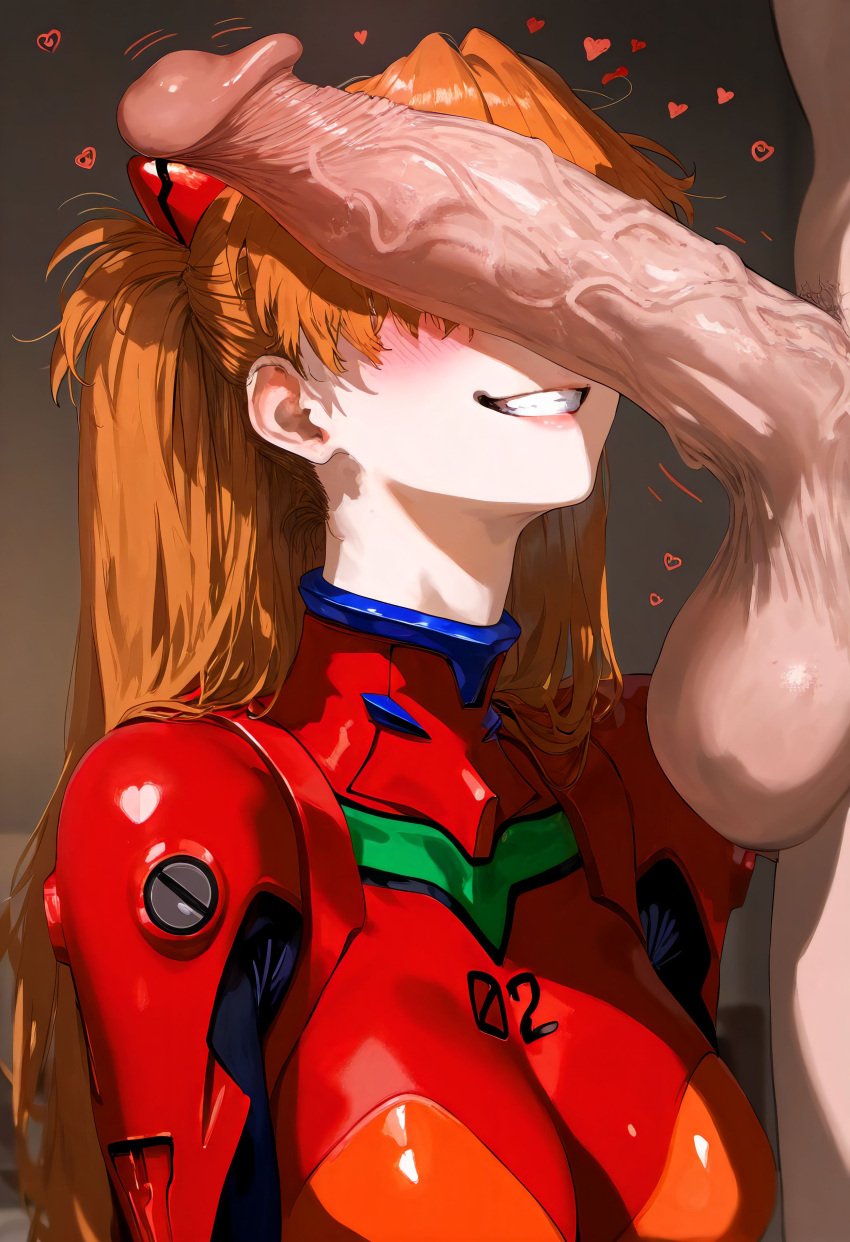 1boy 1boy1girl 1female 1girl 1girls 1male ai_generated asuka_langley_sohryu big_penis gintoai heart hearts neon_genesis_evangelion orange_hair penis_on_face red_hair smile smiling