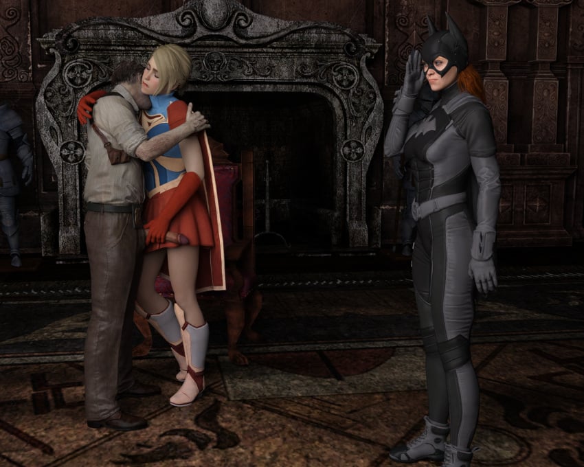 batgirl blonde_hair commissioner_gordon dc_comics handjob hellfern james_gordon kissing_neck red_hair supergirl