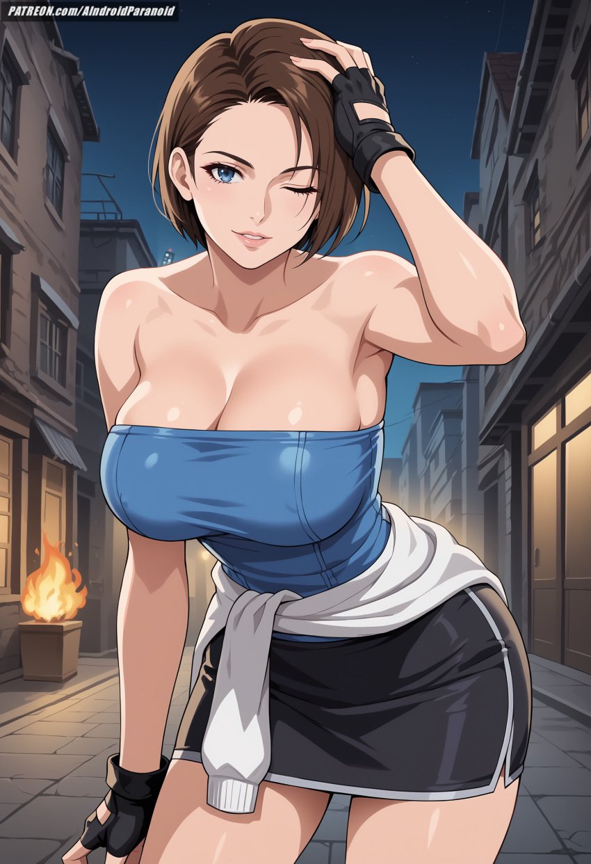 ai_generated aindroidparanoid big_breasts blue_eyes brown_hair busty city cleavage curvy female female_only hips huge_breasts jill_valentine large_breasts narrow_waist outdoors pencil_skirt resident_evil resident_evil_3 short_hair slim_waist soldier stable_diffusion tube_top voluptuous