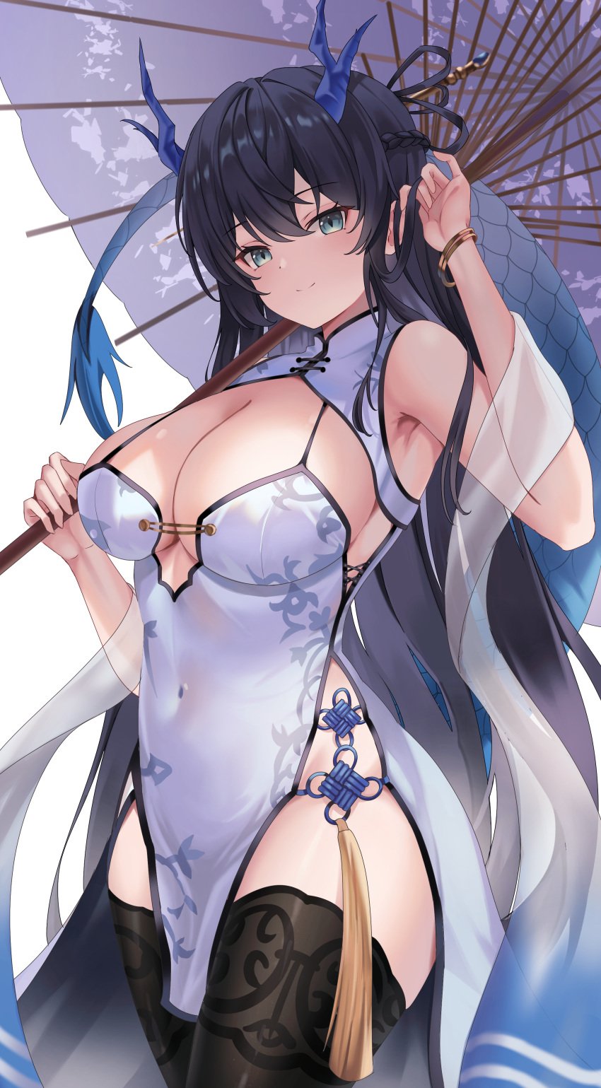 bare_shoulders black_hair breasts chinese_clothes cleavage commission dragon_girl dragon_horns dragon_tail dress female_only green_eyes horns jewelry large_breasts long_hair original pelvic_curtain shawl sleeveless_dress smile solo tail thighhighs umbrella xia_0328