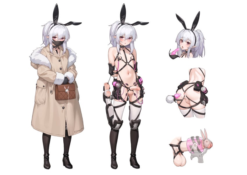 1boy anal_tail animal_ears arms_behind_back ass bag black_footwear black_gloves bondage bondage boots bound brown_coat coat covered_mouth dildo_gag dildo_under_mask erection fake_animal_ears fake_tail fengyindie gag gloves highres holding holding_bag indie_virtual_youtuber long_hair looking_at_viewer mask mouth_mask multiple_views navel otoko_no_ko penis pointy_ears precum rabbit_ears rabbit_tail red_eyes restrained simple_background standing stirrup_legwear stmast stomach tail teeth thighhighs toeless_legwear uncensored virtual_youtuber white_background white_hair white_thighhighs