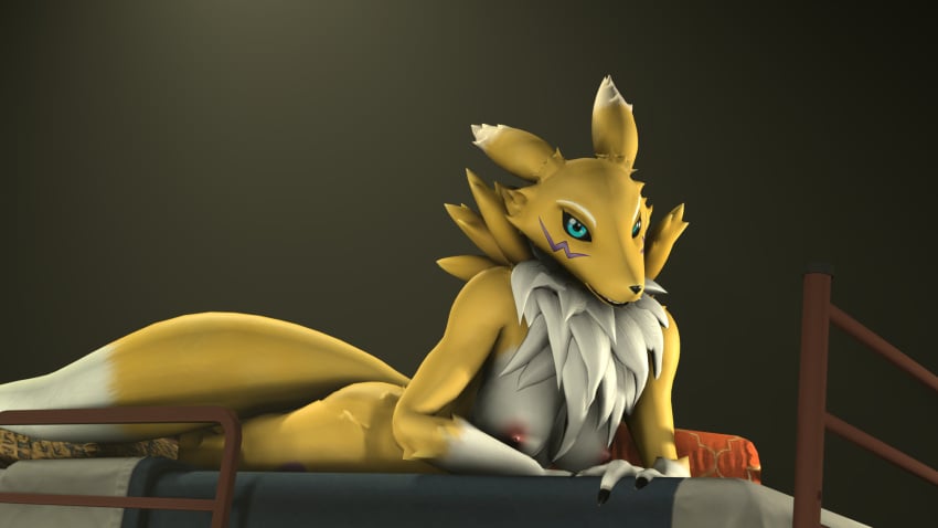 16:9 2019 3d_(artwork) anthro ass bandai_namco bed black_sclera blue_eyes breasts canid canine claws digimon digimon_(species) digital_media_(artwork) female fur fur_markings furniture grey_background hi_res looking_at_viewer lying mammal margevonn markings multicolored_body multicolored_fur multicolored_tail nipples nude on_front renamon simple_background smile solo tail white_body white_fur white_tail widescreen yellow_body yellow_fur yellow_tail