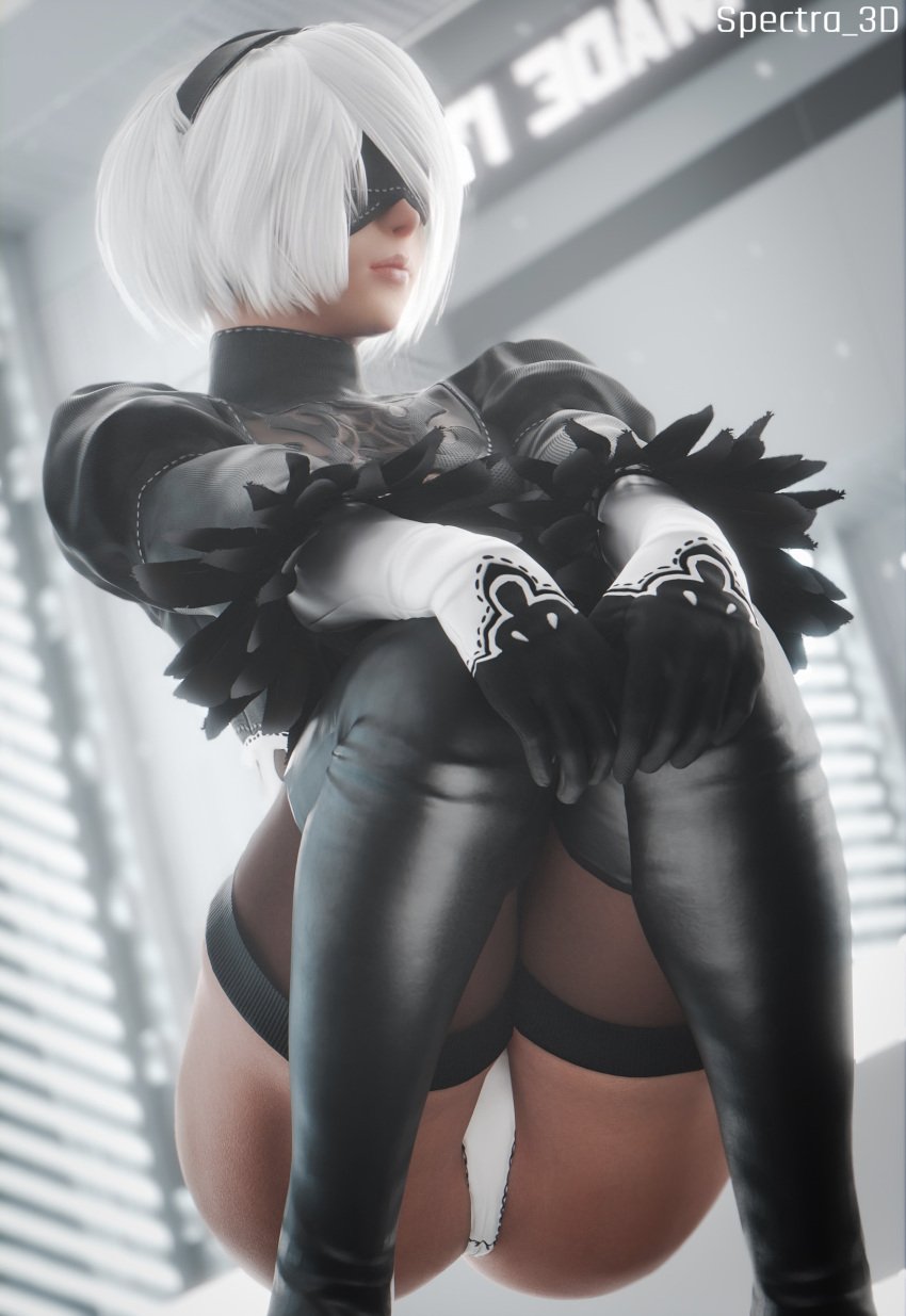 3d nier nier:_automata pinup thighhighs thighs white_hair yorha_2b