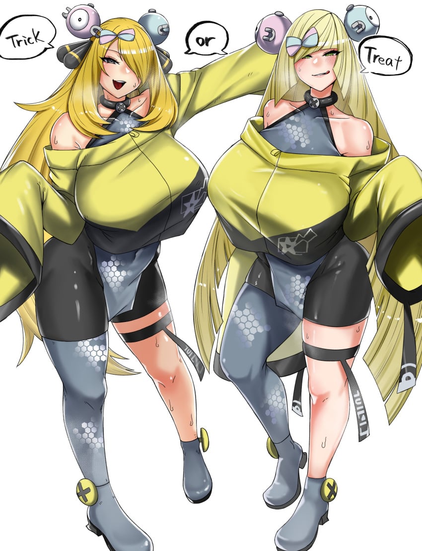 2girls absurdres alternate_breast_size alternate_costume breasts breasts_bigger_than_head cosplay creatures_(company) cynthia_(pokemon) game_freak highres huge_breasts human human_only iono_(pokemon)_(cosplay) large_breasts light-skinned_female light_skin lusamine_(pokemon) multiple_girls nintendo ong_(artist) pokemon pokemon_dppt pokemon_sm pokemon_sv simple_background white_background