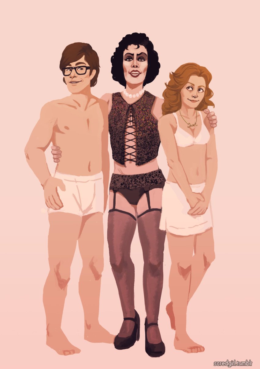 2010s 2015 2015s 5_fingers 5_toes accurate_art_style arm_around_partner artist_website bare_chest barefoot bisexual bisexual_(female) bisexual_female bisexual_male black_glasses black_hair brad_majors brown_hair digital_drawing_(artwork) digital_media_(artwork) dr_frank-n-furter eyeliner female glasses hand_behind_back hand_on_hip hi_res high_heels high_resolution highres holding_own_hand human human_only janet_weiss lipstick makeup male male/female male/male mmf_threesome navel necklace necklaces not_furry panties pink_background poster red_lipstick rocky_horror_picture_show scredgirl short_hair simple_background threesome underwear_only white_bra white_panties white_underwear wholesome wholesome_topless