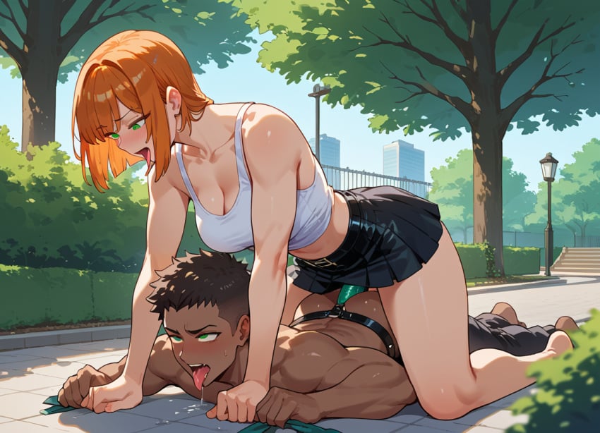 ahe_gao ai_generated anal bob_cut dark-skinned_male dominant_female dominatrix drool female_penetrating female_penetrating_male femdom fit_female green_eyes male_ahegao male_penetrated nude_male_clothed_female orange_hair pegging public public_sex skirt skirt_lift strapon strapon_in_ass strapon_sex submissive_male tank_top tongue_out yhozuko