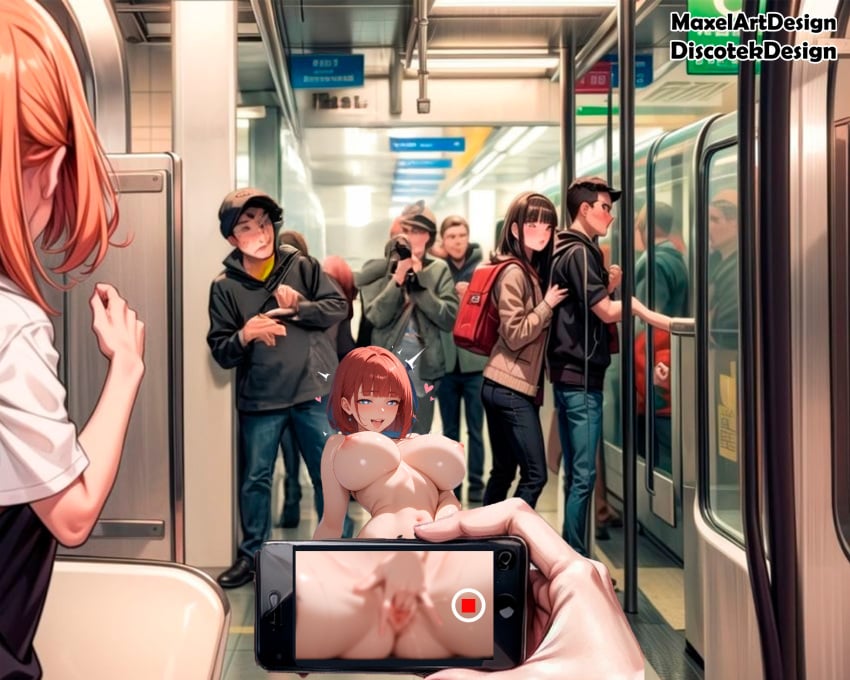 ahe_gao ai_generated big_ass big_breasts blue_eyes crowd_watching lingerie masturbation people_in_background people_watching red_hair slut train train_station