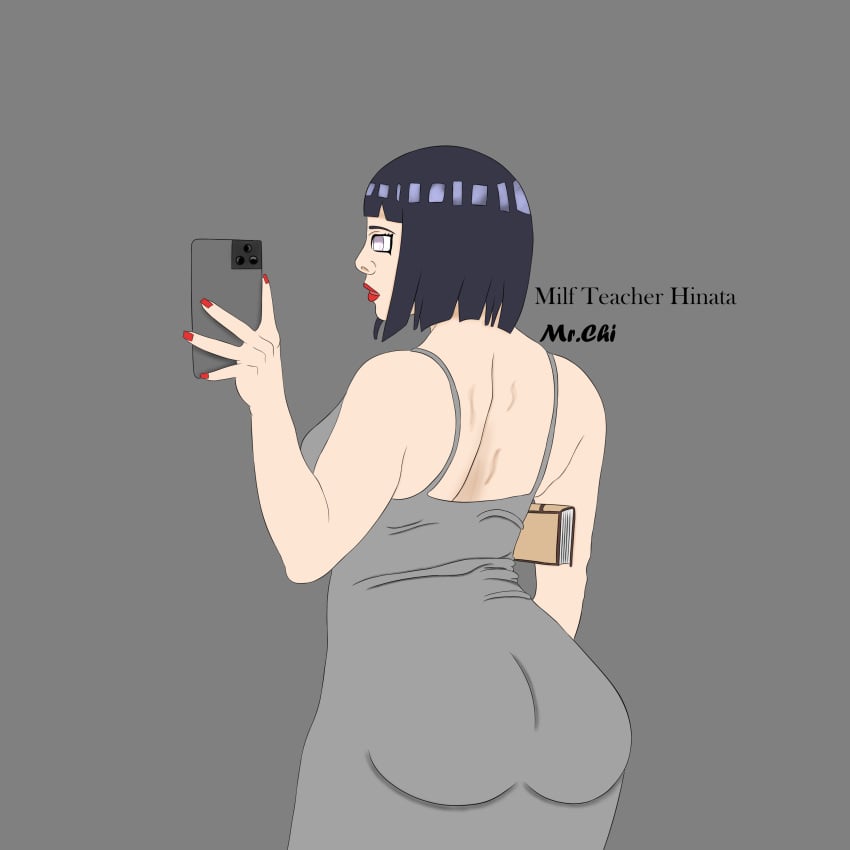 1girls ass ass_focus big_ass big_butt blue_hair book boruto:_naruto_next_generations breasts byakugan cellphone dress eyebrows gray_background hyuuga_hinata lipstick milf mr.chi naruto naruto_shippuden purple_eyes self_upload selfie solo solo_female teacher white_body