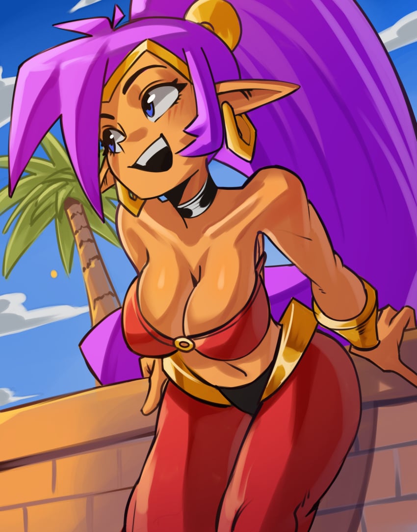 1girls arabian_clothes bandeau bare_shoulders big_hair blue_eyes bracer breasts choker cleavage clothing dark-skinned_female dark_skin earrings female genie harem_pants hoop_earrings jewelry large_breasts long_hair midriff moxydrawsmore o-ring o-ring_top pants pointed_ears ponytail purple_hair red_pants shantae shantae_(character) sitting smile solo tiara tied_hair very_long_hair wayforward