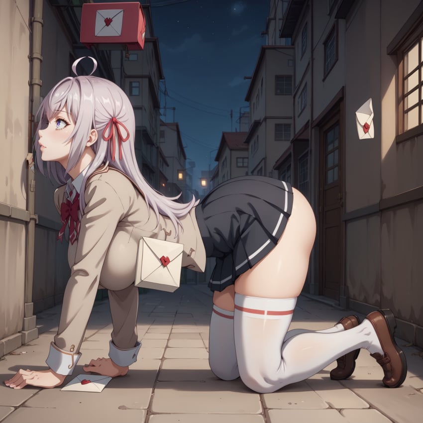 ai_generated alisa_mikhailovna_kujou all_fours alley blue_eyes crawling female highres indoors large_ass large_breasts qwertart school_uniform side_view silver_hair solo tagme thighhighs white_stockings white_thighhighs wide_hips