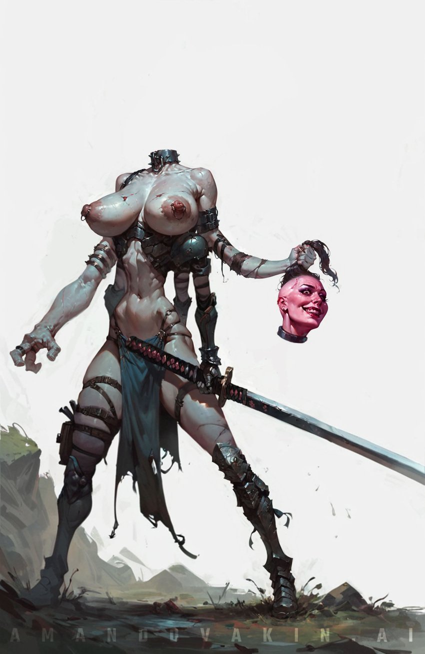 4_arms amandovakin armor big_breasts concept_art headless katana monster_girl