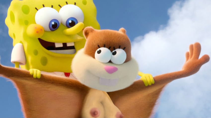 1boy 1girls 2024 accurate_art_style anthro areolae big_eyes black_eyes blue_eyes breasts brittlemdh brown_fur buckteeth chest clothed_male eyelashes first_post_of_artist flying flying_squirrel fur highres long_nose male/female mammal movie_accurate nickelodeon nipples non-web_source nude_female partially_offscreen_character pink_nose red_tie riding_partner sandy_cheeks saving_bikini_bottom:_the_sandy_cheeks_movie._(2024_film) screencap screenshot_edit shoulders sky smile sponge spongebob_squarepants spongebob_squarepants_(character) spongebob_squarepants_(series) squirrel topless white_sleeves yellow_body