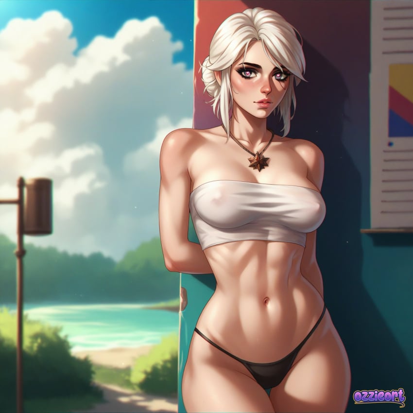 ai_generated ciri collar female heart_eyes light-skinned_female looking_at_viewer mascara nipples_visible_through_clothing ozzieort scar solo the_witcher_(series) the_witcher_3:_wild_hunt thong white_hair