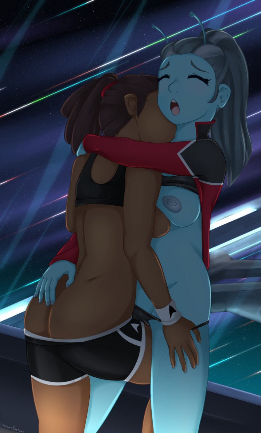 2girls ass beckett_mariner blue_skin blush breasts dark_skin jennifer_sh&#039;reyan large_breasts star_trek_lower_decks starbornhussy yuri