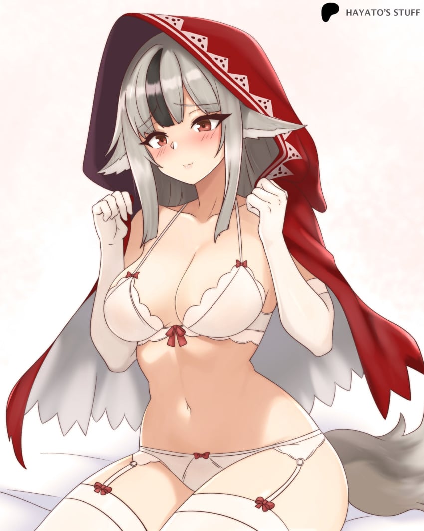 1girls animal_ears cleavage fire_emblem fire_emblem_fates grey_hair hayato_stuff hood large_breasts lingerie nintendo red_eyes tail thighs velouria_(fire_emblem) white_lingerie wolf_ears wolf_girl wolf_tail