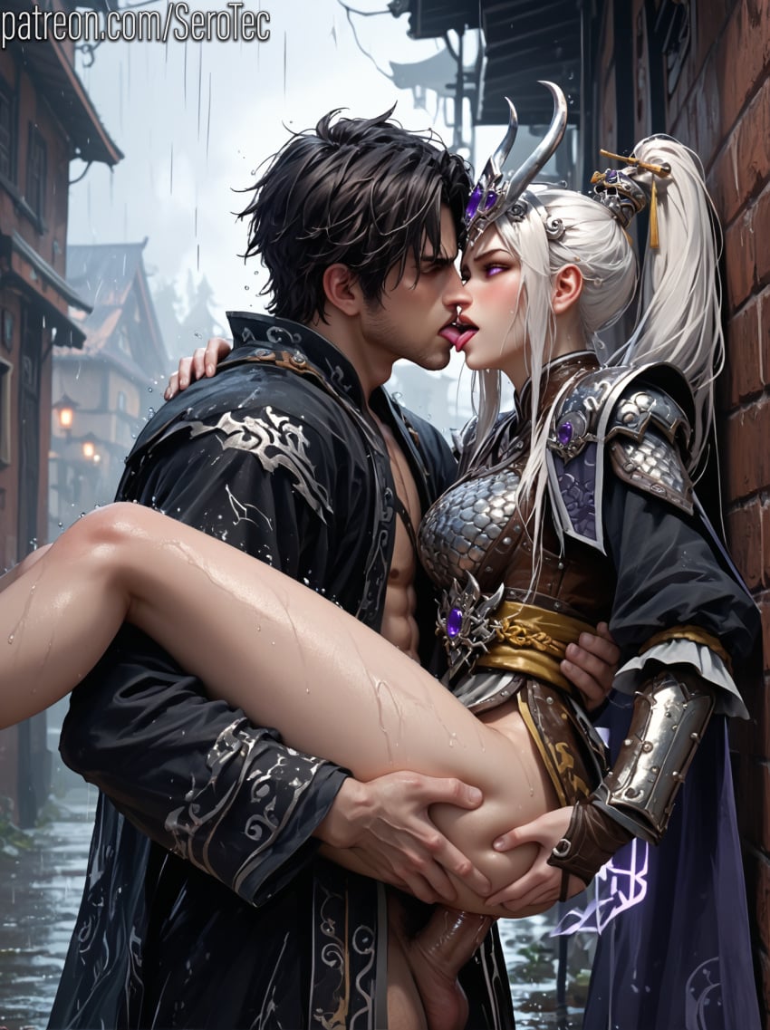 1female 1girls 2d against_wall ai_generated armor armored_female cape detailed_female diadem female girl hi_res high_resolution highres in_love kissing kissing_while_penetrated lifted_by_penis long_hair love miao_ying penetration pony_diffusion_xltasy public public_sex purple_eyes rain serotec sex stand_and_carry_position standing total_war:_warhammer warhammer_(franchise) warhammer_fantasy white_hair