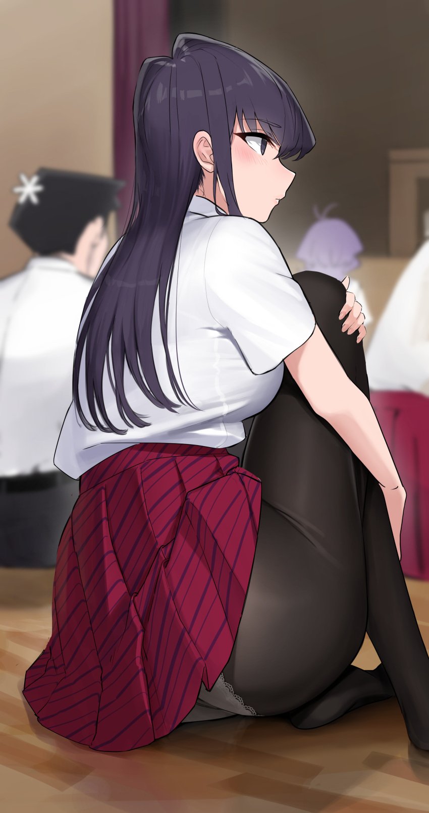 1boy 1other 2girls absurdres ass belt black_belt black_hair blurry blurry_background breasts diagonal-striped_clothes diagonal-striped_skirt dress_shirt flower hair_flower hair_ornament high-waist_skirt highres indoors komi-san_wa_komyushou_desu komi_shouko large_breasts long_hair multiple_girls no_shoes osana_najimi panties panties_under_pantyhose pants pantyhose pleated_skirt purple_hair red_skirt school_uniform shirt shirt_tucked_in short_sleeves sitting skirt striped_clothes tadano_hitohito takita takita_(takita3411) underwear white_panties white_shirt