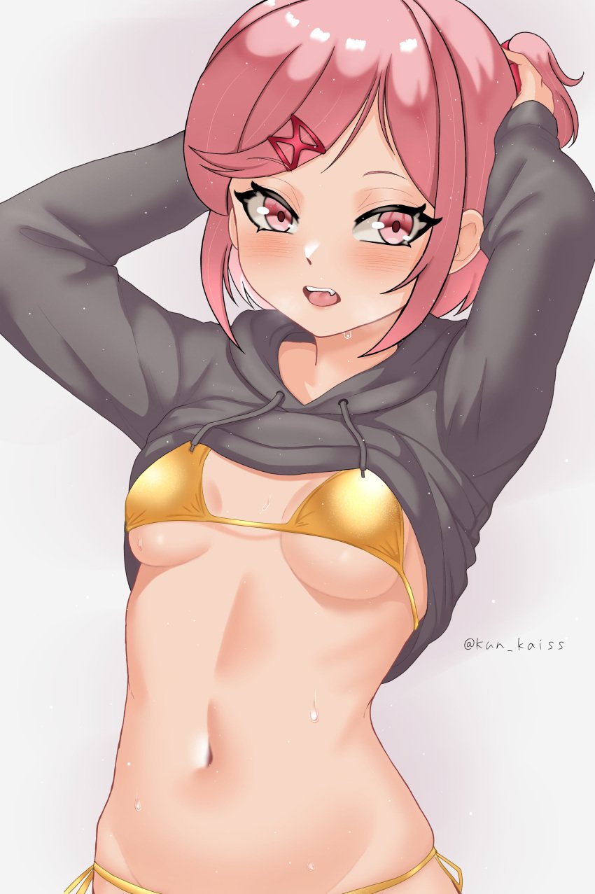 1female 1girls artist_name bikini bikini_bottom bikini_top blush boobs breasts doki_doki_literature_club female_focus female_only gold_bikini gold_bikini_bottom gold_bikini_top golden_bikini golden_bikini_bottom golden_bikini_top kun_kaiss mouth_open natsuki_(doki_doki_literature_club) navel open_mouth pink_eyes pink_hair swimwear twitter_username underboob