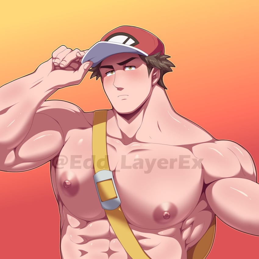 abs bara brown_hair edd_layerex hair hat male male_only muscular muscular_male pecs pokemon red_(pokemon) red_background solo