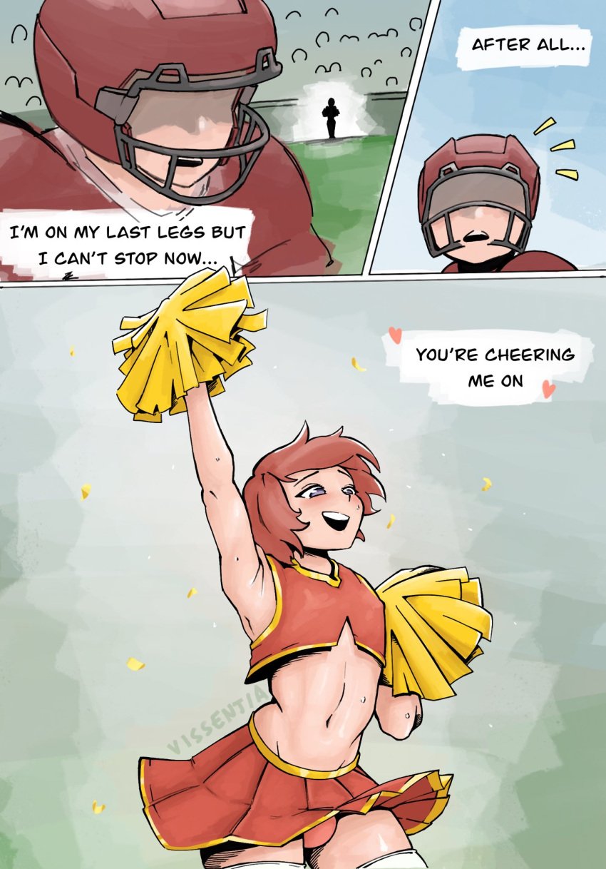 bulge cheerleader cheerleader_uniform comic crop_top crossdressing dialogue femboy football_player girly heart human human_only male male_only midriff panties pom_poms red_hair skirt solo_focus stockings text thighhighs vissentia wholesome