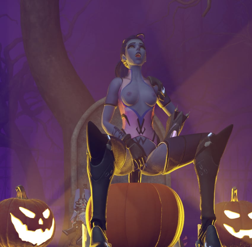 1girls 3d blizzard_entertainment dildo dildo_in_pussy fog foggy_background halloween masturbation night nqmiko01 orgasm orgasm_face overwatch overwatch_2 pumpkin solo widowmaker