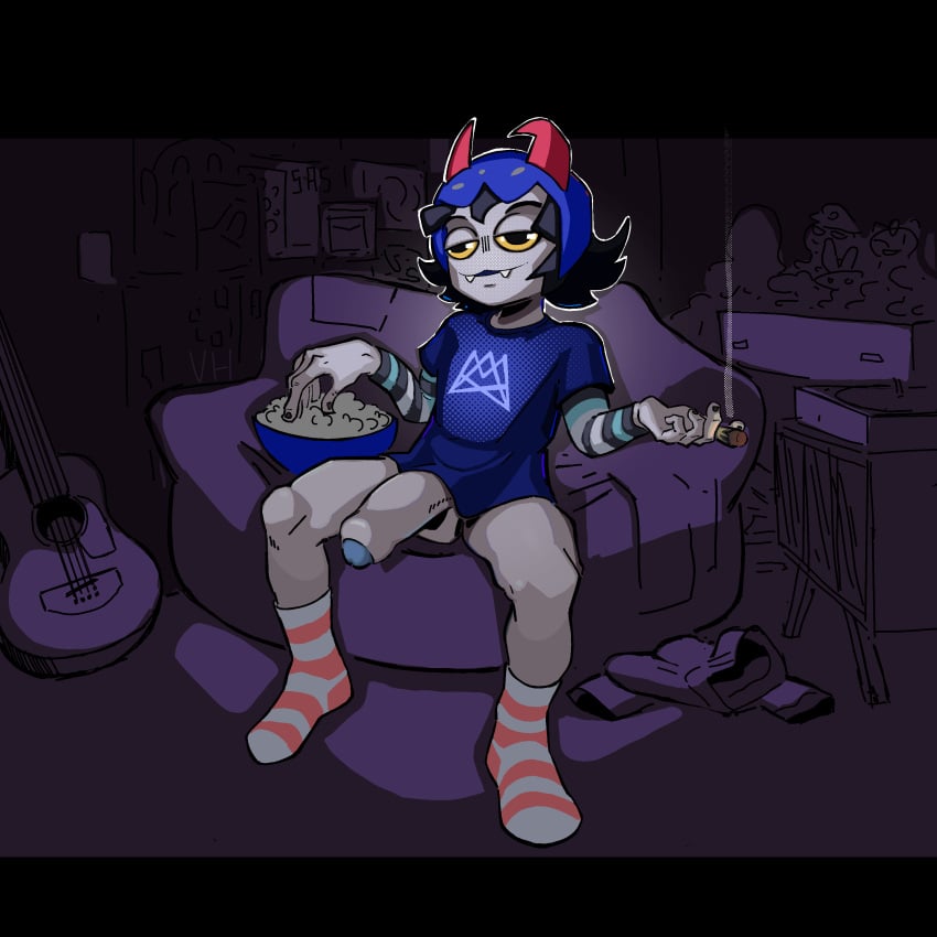 1boys alien alien_humanoid black_hair black_hair_female bottomless cat_tail cigarette color colored colored_skin fangs female grey_skin homestuck homestuck_troll horn horns humanoid nepeta_leijon shirt smoking socks solo solo_male troll vhorgeus