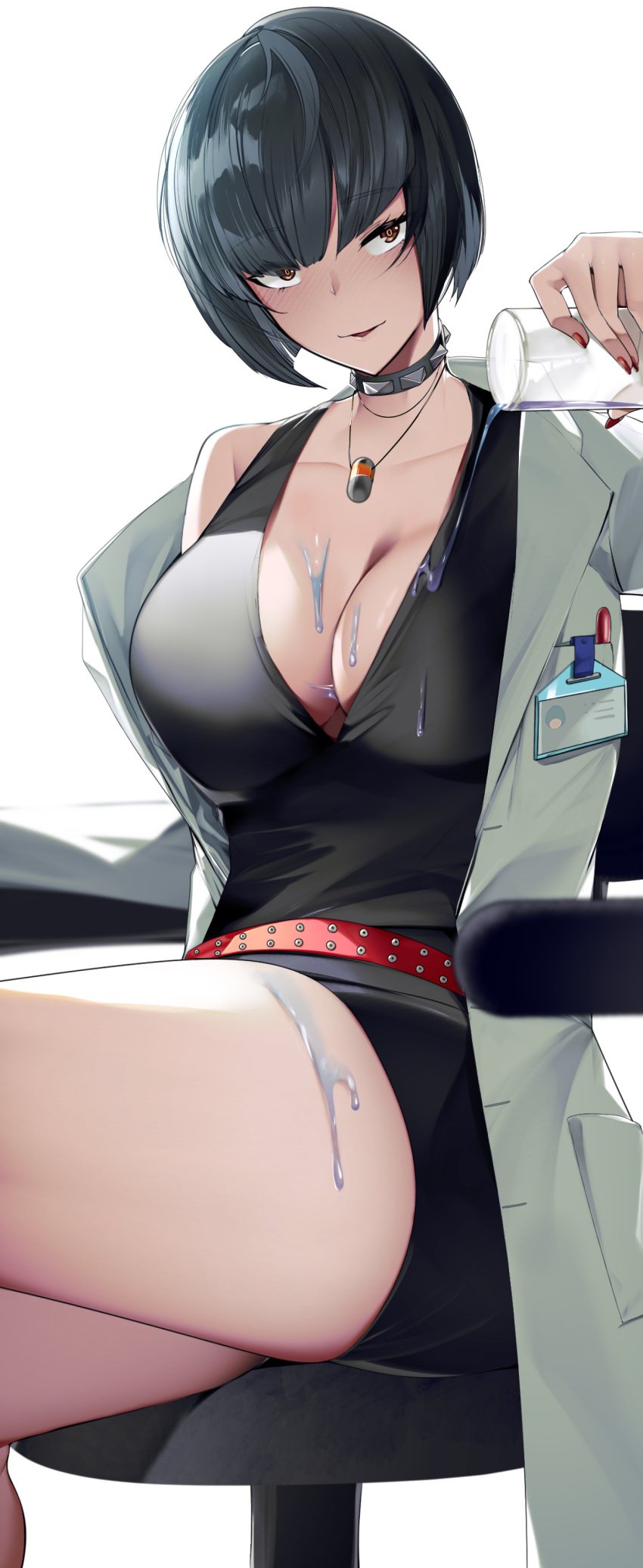 1girls absurdres belt big_breasts black_hair blunt_bangs breasts brown_eyes chair cleavage collar collarbone female highres jewelry lab_coat large_breasts long_sleeves looking_at_viewer nail_polish necklace office_chair open_clothes parted_lips persona persona_5 pouring pouring_onto_self red_nails short_hair simple_background sitting smile solo studded_collar swivel_chair tae_takemi thighs white_background yuuyuu_(yuuki1771)