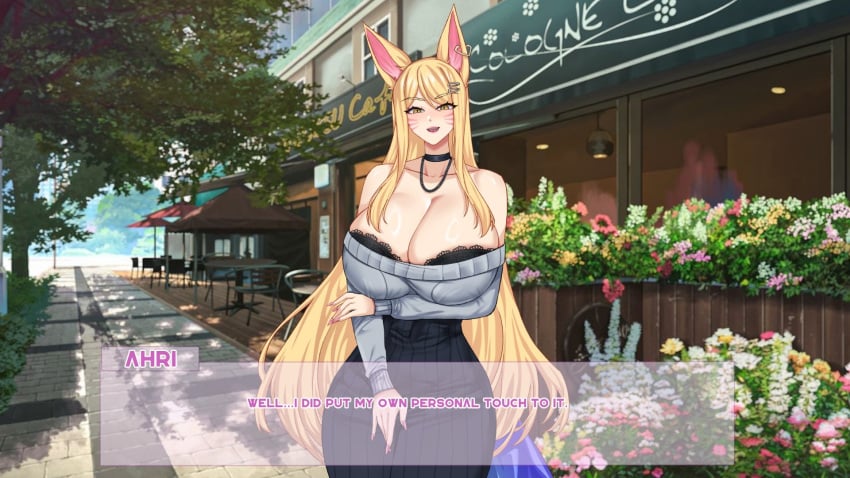 1girls ahri animal_ears bra bra_peek cleavage dialogue female female_only gigantic_breasts huge_breasts kemonomimi lace league_of_legends ryuukusnpaiarts solo solo_female talking_to_viewer text visual_novel voluptuous