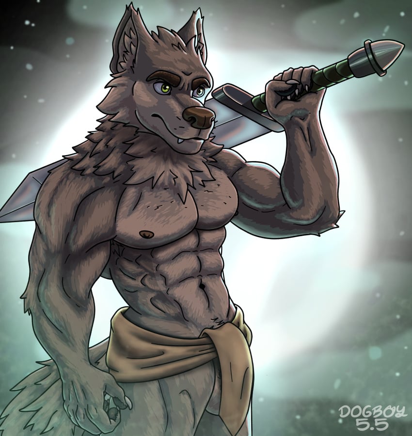 abs absurd_res anthro armor balls biceps bulge canid canine canis clothed clothing collar digital_drawing_(artwork) digital_media_(artwork) dogboy55_artss far_beyond_the_world_(series) fur genitals green_eyes hi_res male mammal medieval medieval_clothing melee_weapon multicolored_body multicolored_fur muscular muscular_anthro muscular_male neck_tuft nipples pecs ranok_(far_beyond_the_world) shaded simple_background solo solo_focus solo_in_panel sword sword_on_back tail tuft two_tone_body two_tone_fur underwear weapon wolf