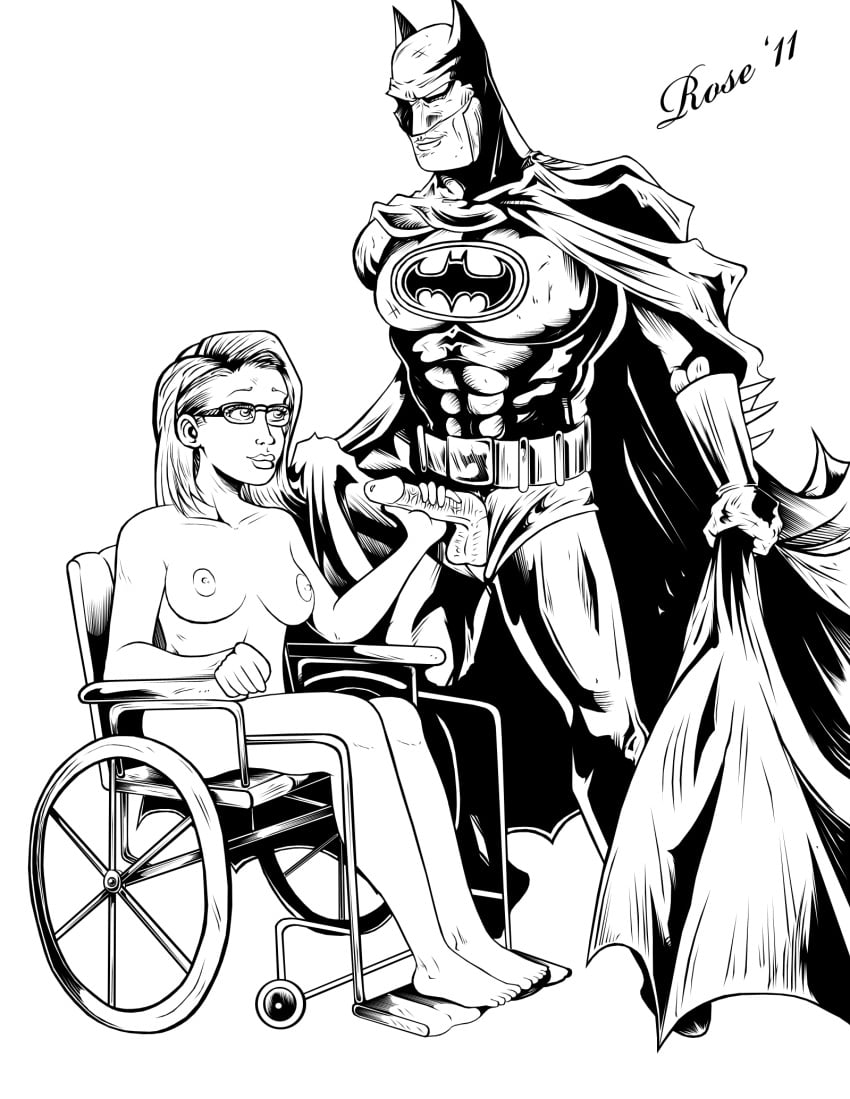 1boy 1girls 2011 barbara_gordon batgirl batman batman_(series) breasts bruce_wayne clothed_male_nude_female dc dc_comics erect_penis female glasses human male monochrome nipples nude_female penis penis_out rosenrot straight wheelchair