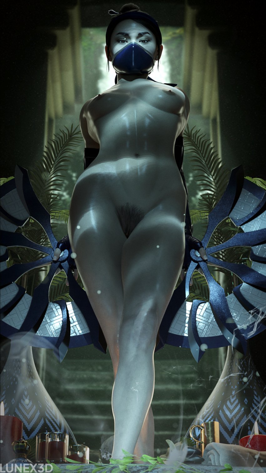 1girls 3d bush fans female female_only front_view kitana kitana_(mk11) lunex3d mortal_kombat mortal_kombat_11 nude nude_female pubic_hair small_breasts soko solo_female standing temple