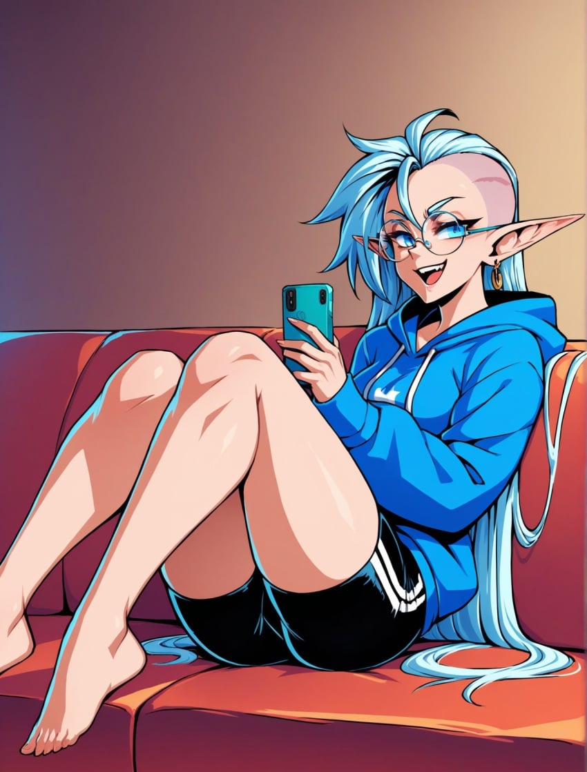 aeldari ai ai_generated alien alien_girl blue_eyes eldar elf_ears glasses hoodie image_set phone shorts warhammer_(franchise) warhammer_40k yvraine