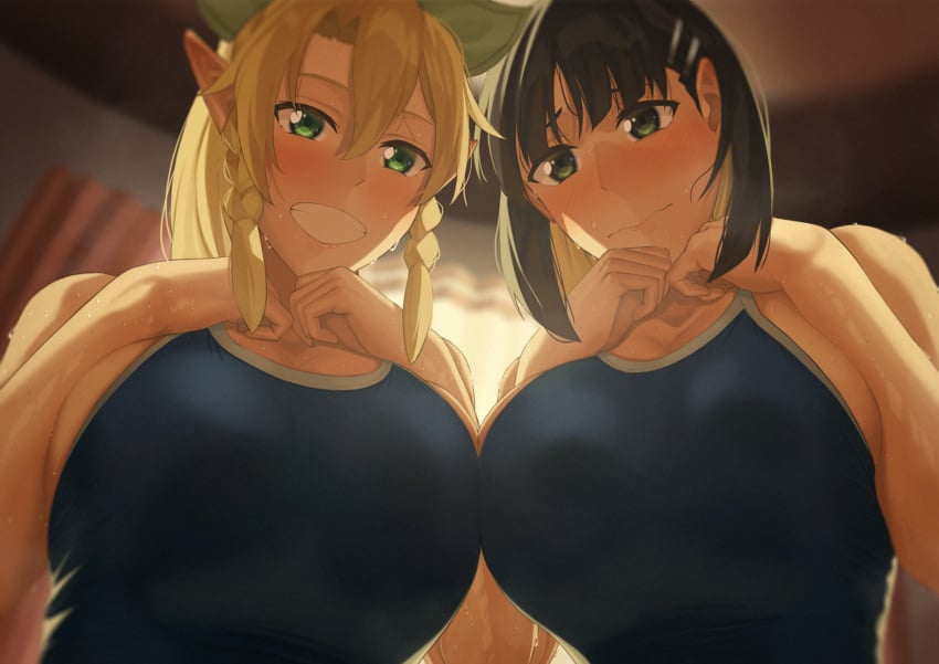 2girls black_bean black_hair blonde_hair confident elf elf_ears embarrassed green_eyes huge_breasts kirigaya_suguha leafa looking_at_viewer one-piece_swimsuit ponytail school_swimsuit short_hair smile swimsuit sword_art_online wet