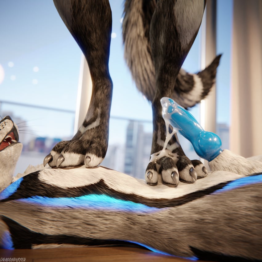 1:1 3d_(artwork) 4k absurd_res animal_genitalia animal_penis anthro anthro_on_anthro asherfoxx balls biped black_body black_claws black_fur blender_(artwork) blender_cycles blue_body blue_fur blue_penis bodily_fluids canid canine canine_genitalia canine_penis canis claws close-up clothing cum cum_drip cum_dripping_from_penis cum_on_belly cum_on_body cum_on_feet cum_on_penis depth_of_field digital_media_(artwork) dominant dragonplayer dragonplayer_(character) dripping duo erection feet foot_fetish foot_on_belly foot_on_chest foot_play fox fur furniture genital_fluids genitals grey_body grey_fur hair hi_res hindpaw inside jex jexouium knot licking lying lying_on_ground male male/male mammal moan multicolored_body nude on_ground open_mouth orgasm pawpads paws penis pushed_down reflection rexouium sex slim slim_anthro slim_male slim_sub smile standing standing_on_another stepped_on submissive submissive_male tail teeth tongue trampling white_body white_fur