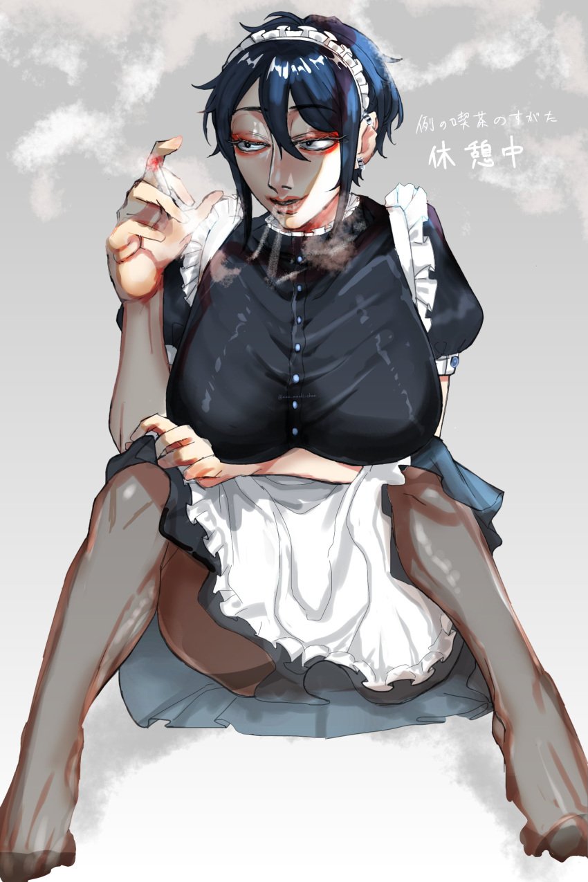 1girls 30th_video_rentals asa_meshi_chan_(artist) big_breasts breasts cigarette cigarette_smoke female indie_virtual_youtuber kataochi_chuuko maid maid_uniform smoking tights virtual_youtuber