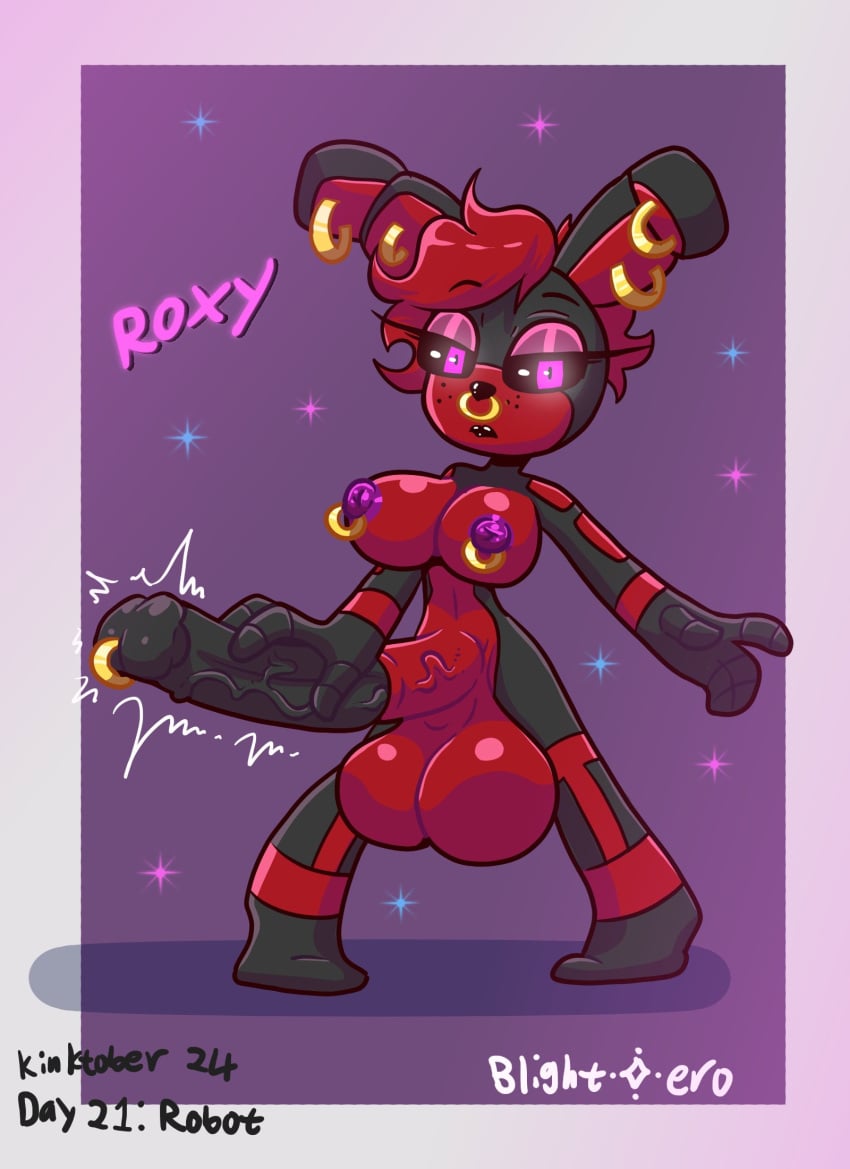 animatronic animatronic_female anthro black_body blightstar bunny bunny_ears bunny_futa bunny_girl character_name ear_piercing english_text erection fanart fanart_from_twitter feet_apart five_nights_at_freddy's fnaf futanari glowing_eyes gold_jewelry gold_ring_piercing hand_on_penis horsecock horsecock_futanari inktober kinktober large_balls large_breasts large_penis looking_at_viewer massive_penis nipple_piercing nose_piercing original original_character penis_piercing piercing prince_albert_piercing purple_eyes purple_nipples red_body red_hair robot robot_futa robot_humanoid roxy_(rktzxq) short_hair smooth_balls standing tagme