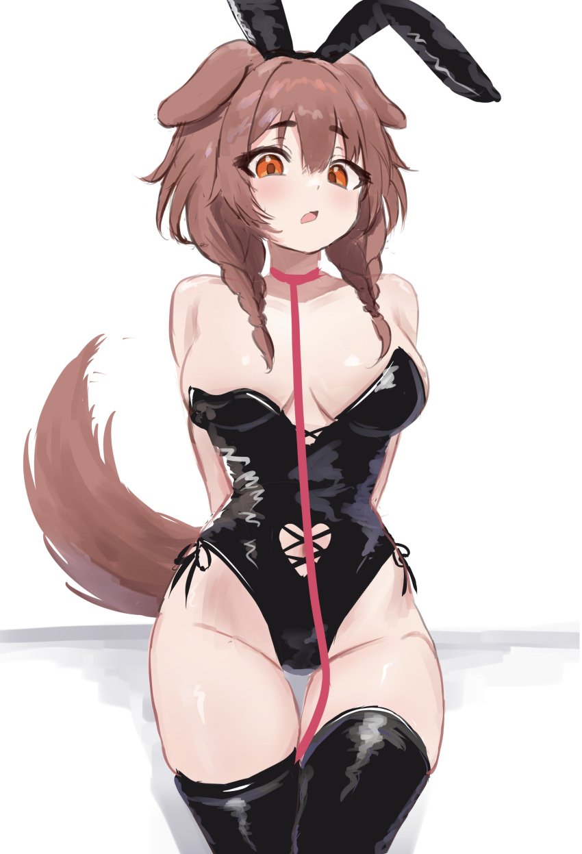 1girls animal_ears breasts brown_eyes brown_hair bunnysuit collar corset dog_ears dog_girl dog_tail eyebrows_visible_through_hair faae_(lucien_000298) fake_animal_ears fake_rabbit_ears female female_only hololive hololive_gamers hololive_japan huge_breasts inugami_korone leash leash_and_collar light-skinned_female light_skin solo tail virtual_youtuber